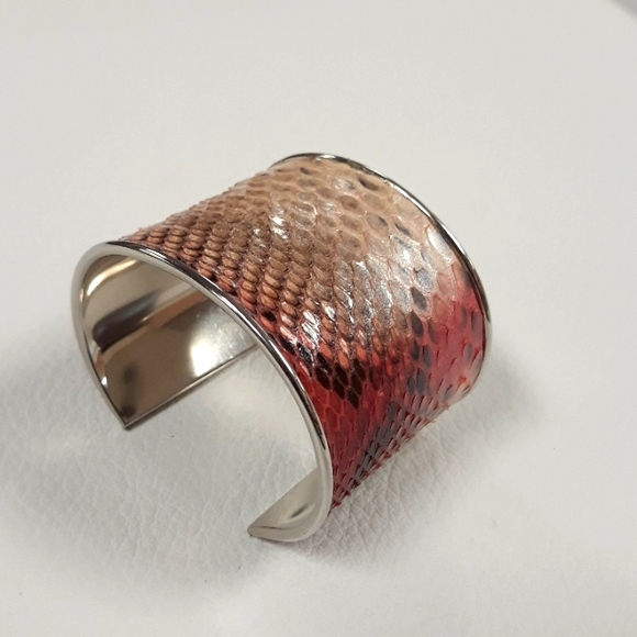 Metallic/ Pink Hand Painted Python Snakeskin Cuff Bracelet/ Handcrafted - Picture 4 of 16